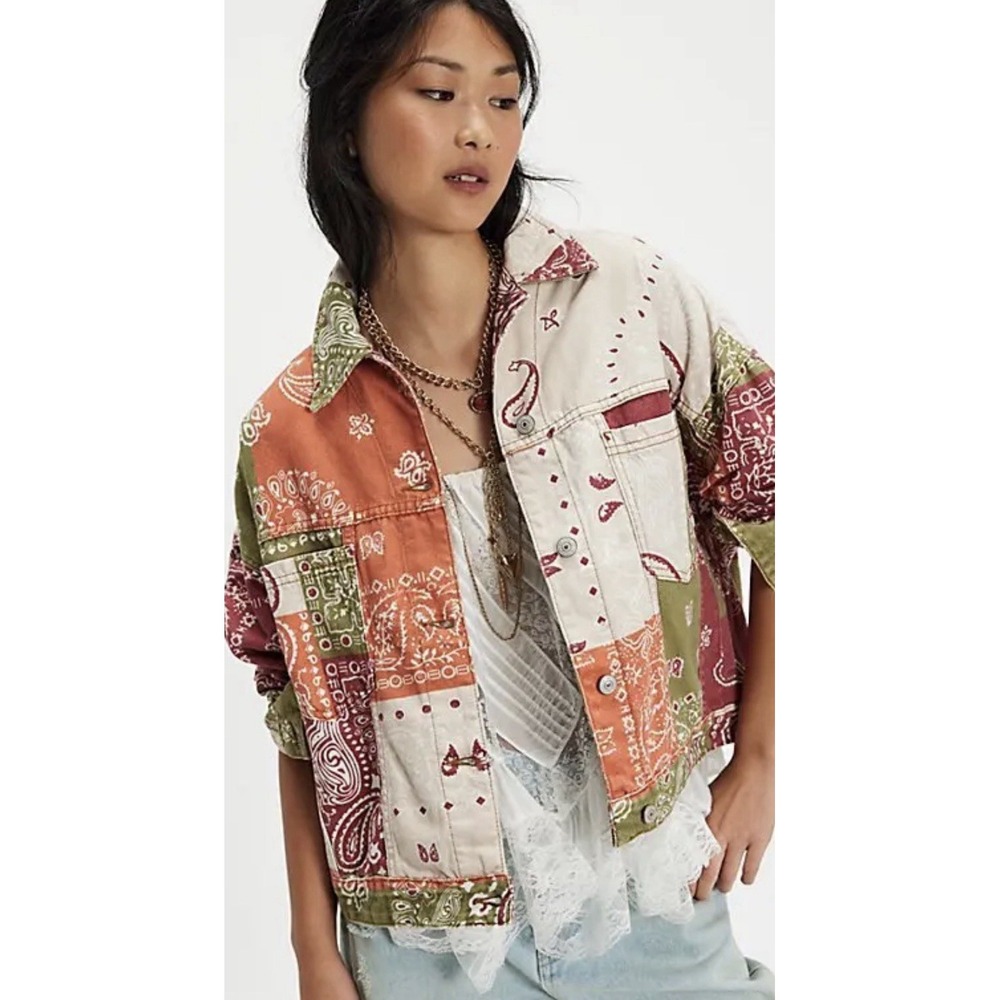 NWT We The Free People Bandana Earth Combo Swing Denim Jacket XS X-Small
